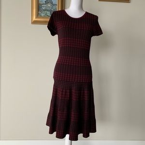 Burgundy with black pattern fit/flare midi dress with short sleeve